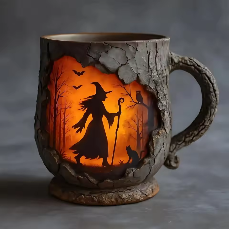 Tazza di Halloween 3D artigianale – Design strega e gatto
