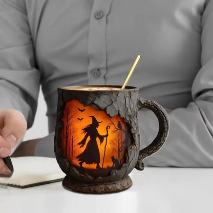 Tazza artigianale 3D di Halloween – Design con strega e gatto